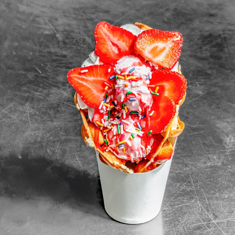 Chunky Bites' strawberry waffle dessert with ice cream, whipped cream, sprinkles, and syrup in a cup.