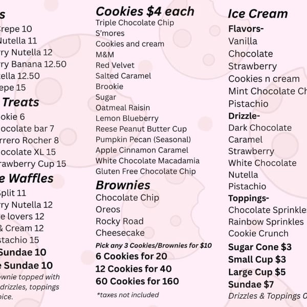 A dessert menu from Chunky Bites, featuring cookies, brownies, ice cream, crepes, and waffles.