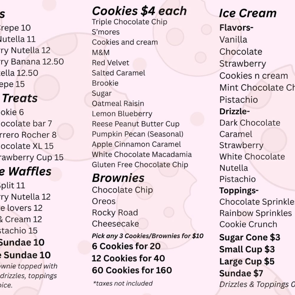 A dessert menu from Chunky Bites, featuring cookies, brownies, ice cream, crepes, and waffles.