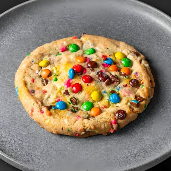 A Chunky Bites dessert cookie, studded with colorful M&M's and sprinkles, rests on a gray plate.
