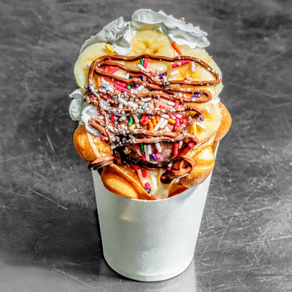 Chunky Bites dessert with banana, whipped cream, chocolate drizzle, and colorful sprinkles in a cup.