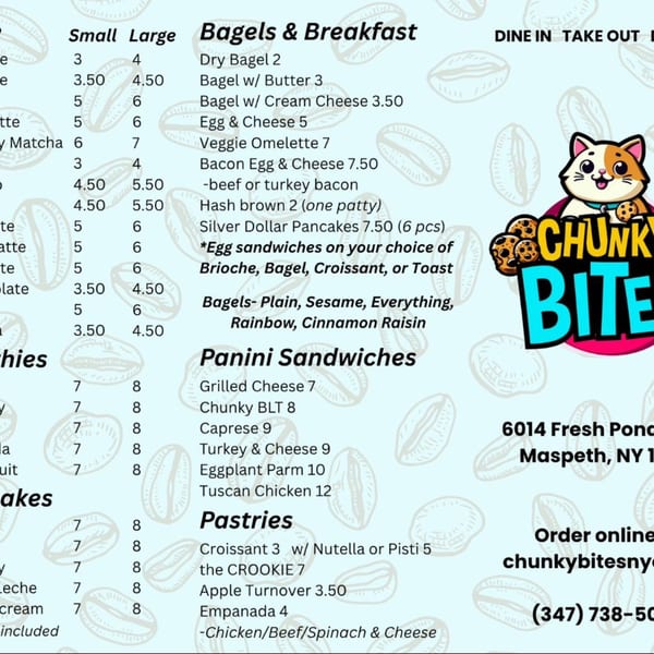 Chunky Bites' menu features bagels, breakfast items, panini sandwiches, and pastries.